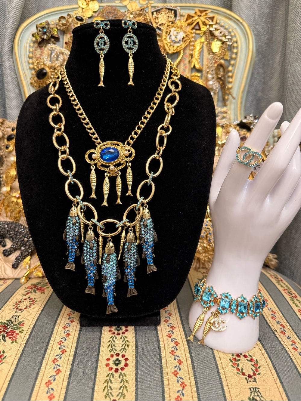 Gold-Tone Blue Crystal Fish Statement Jewelry Set